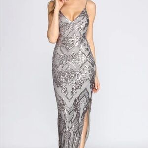 Elegant Silver Sequin Evening Gown